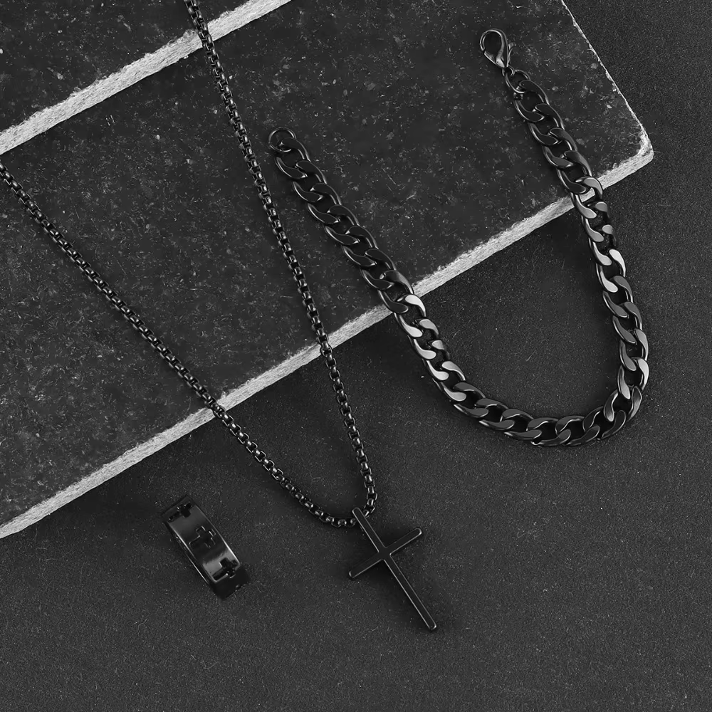 3pcs Fashion Alloy Men's Cross Pendant Necklace, Bracelet & Ring Combo Jewelry Set