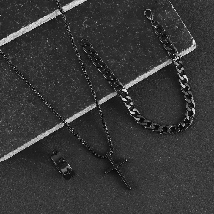 3pcs Fashion Alloy Men's Cross Pendant Necklace, Bracelet & Ring Combo Jewelry Set