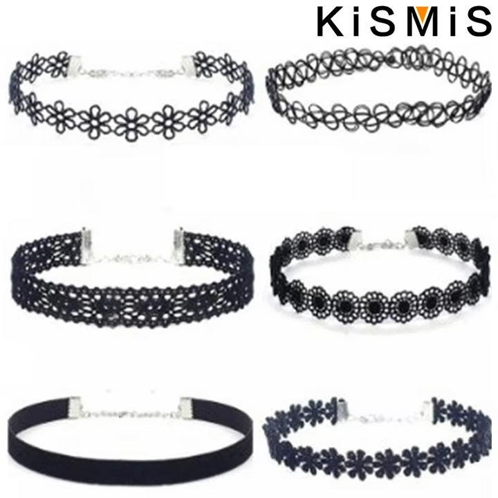 KISMIS 6Pcs/Set Black Lace Chokers Necklace Set Vintage Gothic Punk Elastic Necklace Women'S Jewelry 1Sets