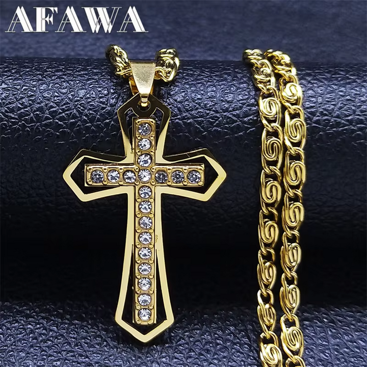 Catholic Cross Amulet Crystal Pendant Men Chain Necklace Gold Color Stainless Steel Necklaces Jewelry colar masculino N4930S02
