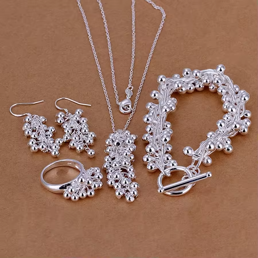 925 Sterling Silver Hot Christmas gift retro creative solid bead grape necklace TO bracelet Drop Earrings ring jewelry sets