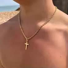Cross Pendant Necklace for Men Boys Golden Plated Silver Color Simple Twisted Chain Fashionable Jewelry Beach Party Gift