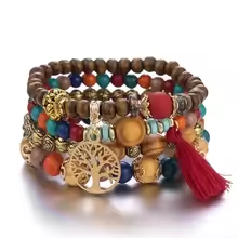 4Pcs/Set Boho Wooden Beaded Bracelet Set For Women Tree Of Life White Tassels Charm Elastic Chain Bangle Men Bohemia Jewelry