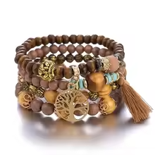 4Pcs/Set Boho Wooden Beaded Bracelet Set For Women Tree Of Life White Tassels Charm Elastic Chain Bangle Men Bohemia Jewelry