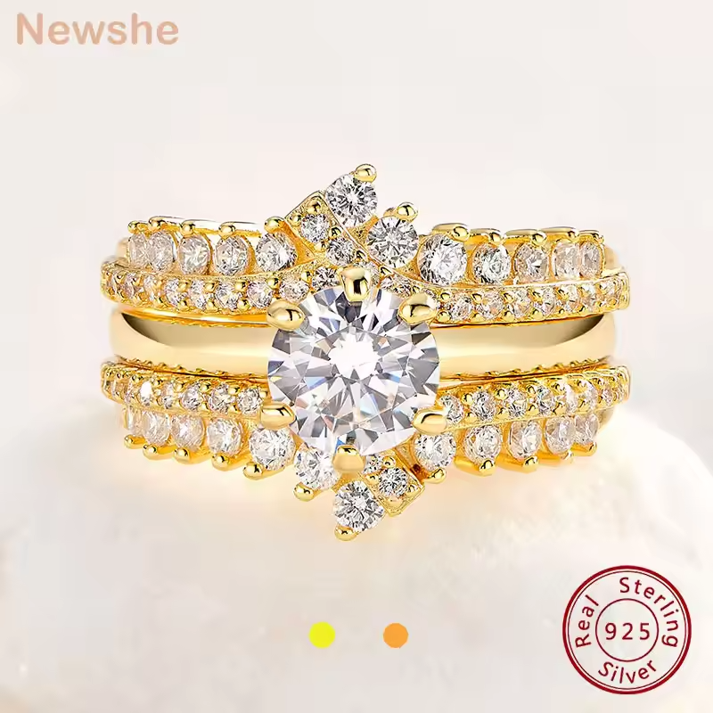 Newshe Yellow Rose Gold 925 Sterling Silver Solitaire Engagement Ring for Women Enhancer Wedding Band Set AAAAA Zircon Jewelry