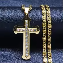 Catholic Cross Amulet Crystal Pendant Men Chain Necklace Gold Color Stainless Steel Necklaces Jewelry colar masculino N4930S02