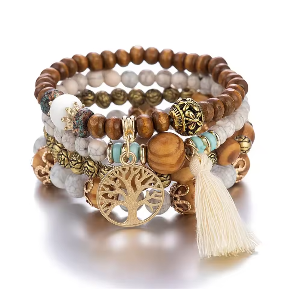 4Pcs/Set Boho Wooden Beaded Bracelet Set For Women Tree Of Life White Tassels Charm Elastic Chain Bangle Men Bohemia Jewelry