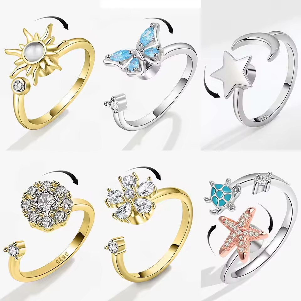 Sunflower Rotating Anxiety Ring For Women Spinner Fidgets Adjustable Open Rings Cute Animal Butterfly Turtle Bague Anti Stress