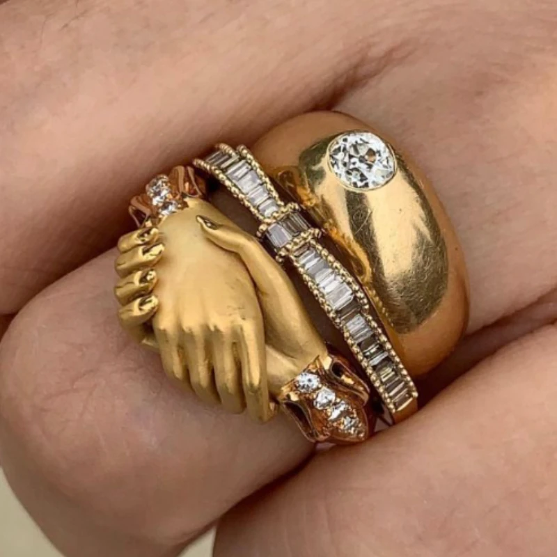 3 Pieces/set of Personalized Sparkling Inlaid Zircon Handshake Women's Rings, Fashionable and Trendy Holiday Party Jewelry Gifts