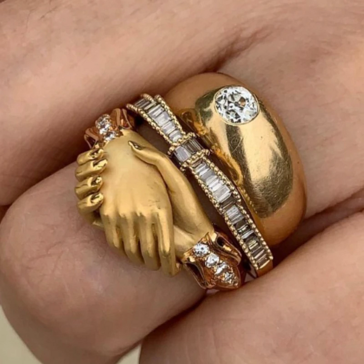 3 Pieces/set of Personalized Sparkling Inlaid Zircon Handshake Women's Rings, Fashionable and Trendy Holiday Party Jewelry Gifts