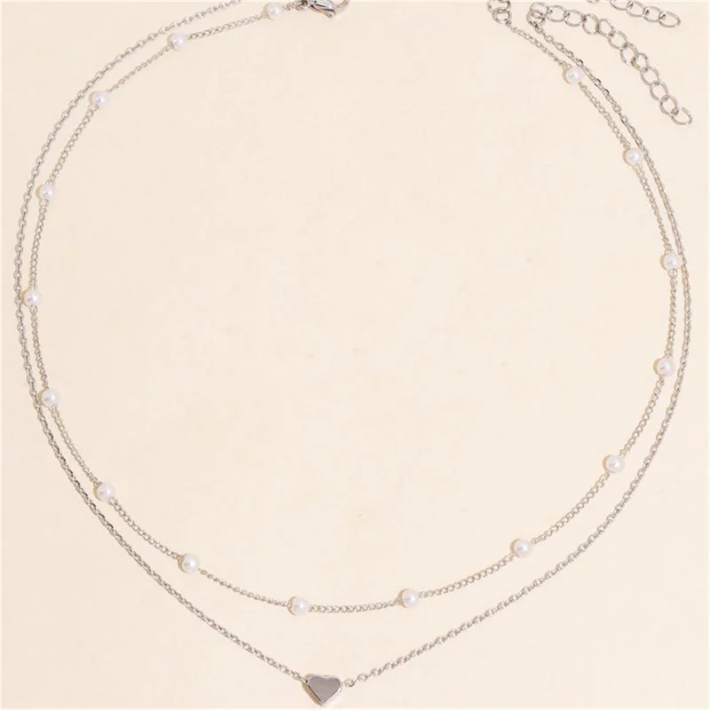 LATS Simple Pearl Choker Necklaces for Women Fashion Double Layer Chain Small Love Heart Pendant Necklace Jewelry Gift Wholesale