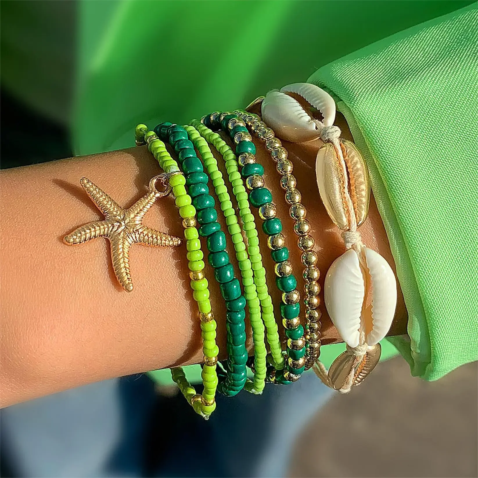 7Pcs Boho Summer Starfish Bracelet Set For Women Bohemian Shell Rice Beads Elastic Chain Bangle Girls Beach Jewelry Accessories