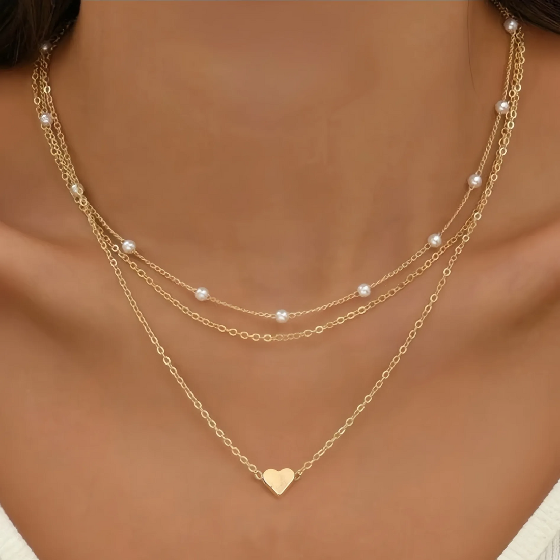 LATS Simple Pearl Choker Necklaces for Women Fashion Double Layer Chain Small Love Heart Pendant Necklace Jewelry Gift Wholesale