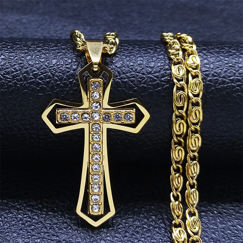 Catholic Cross Amulet Crystal Pendant Men Chain Necklace Gold Color Stainless Steel Necklaces Jewelry colar masculino N4930S02