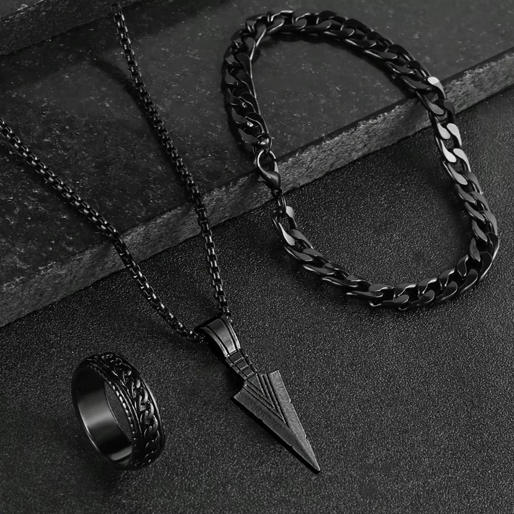 3pcs Fashion Alloy Men's Cross Pendant Necklace, Bracelet & Ring Combo Jewelry Set
