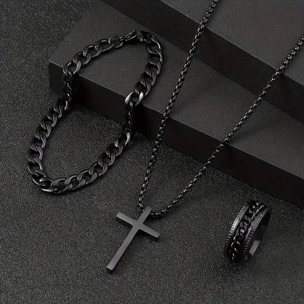3pcs Fashion Alloy Men's Cross Pendant Necklace, Bracelet & Ring Combo Jewelry Set
